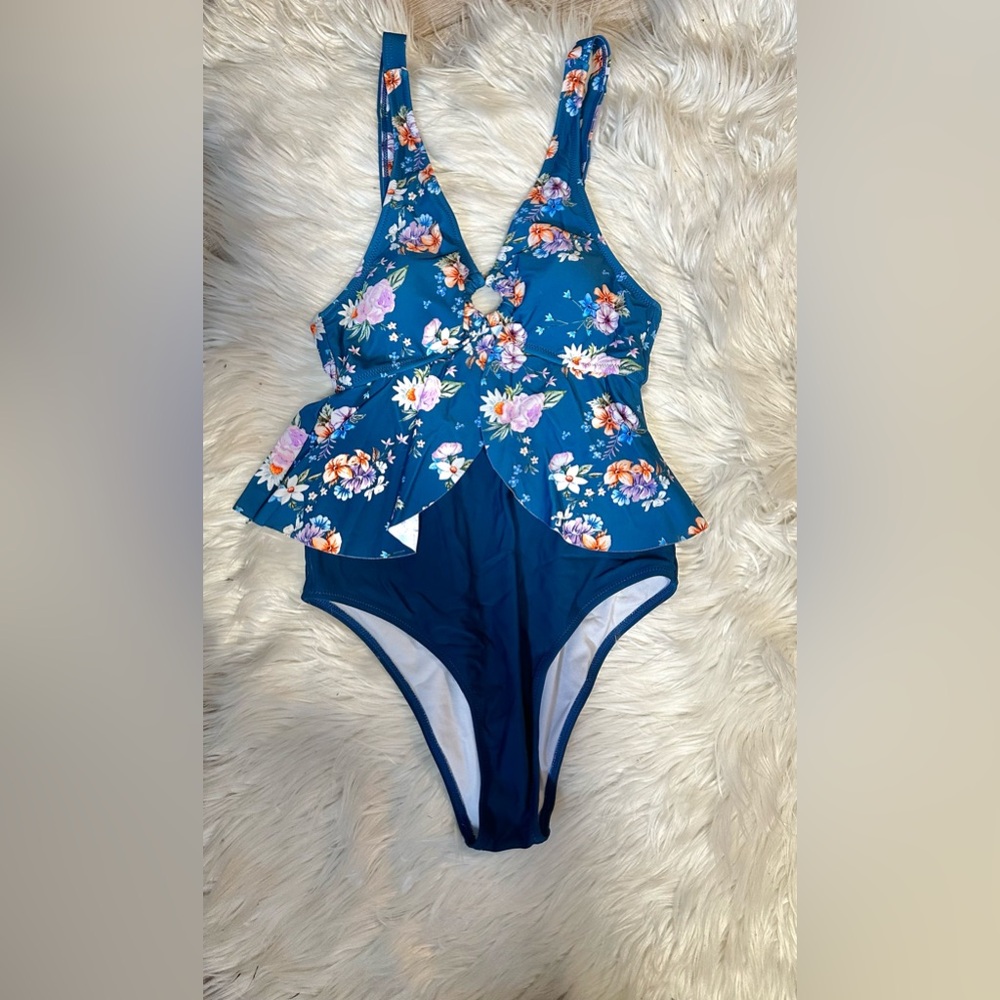 Blue swimsuit with flowers